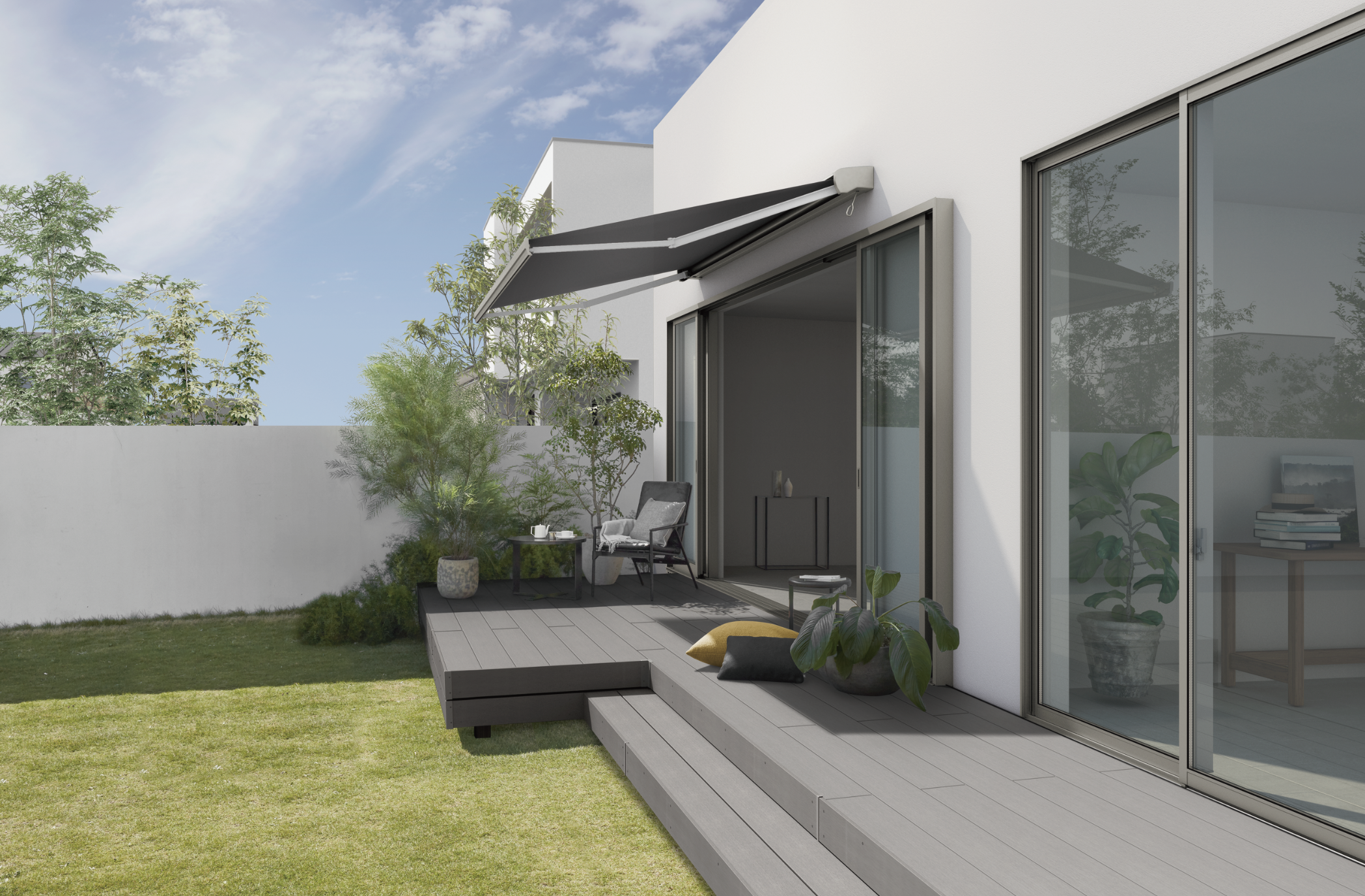 リクシル　彩風　C型　手動式　間口　3640×出幅　1500　スタイリッシュ　ポリエステル スタイリッシュ リクシル 彩風 C型 手動式 間口 3640×出幅 1500 シック 熱線遮断アクア