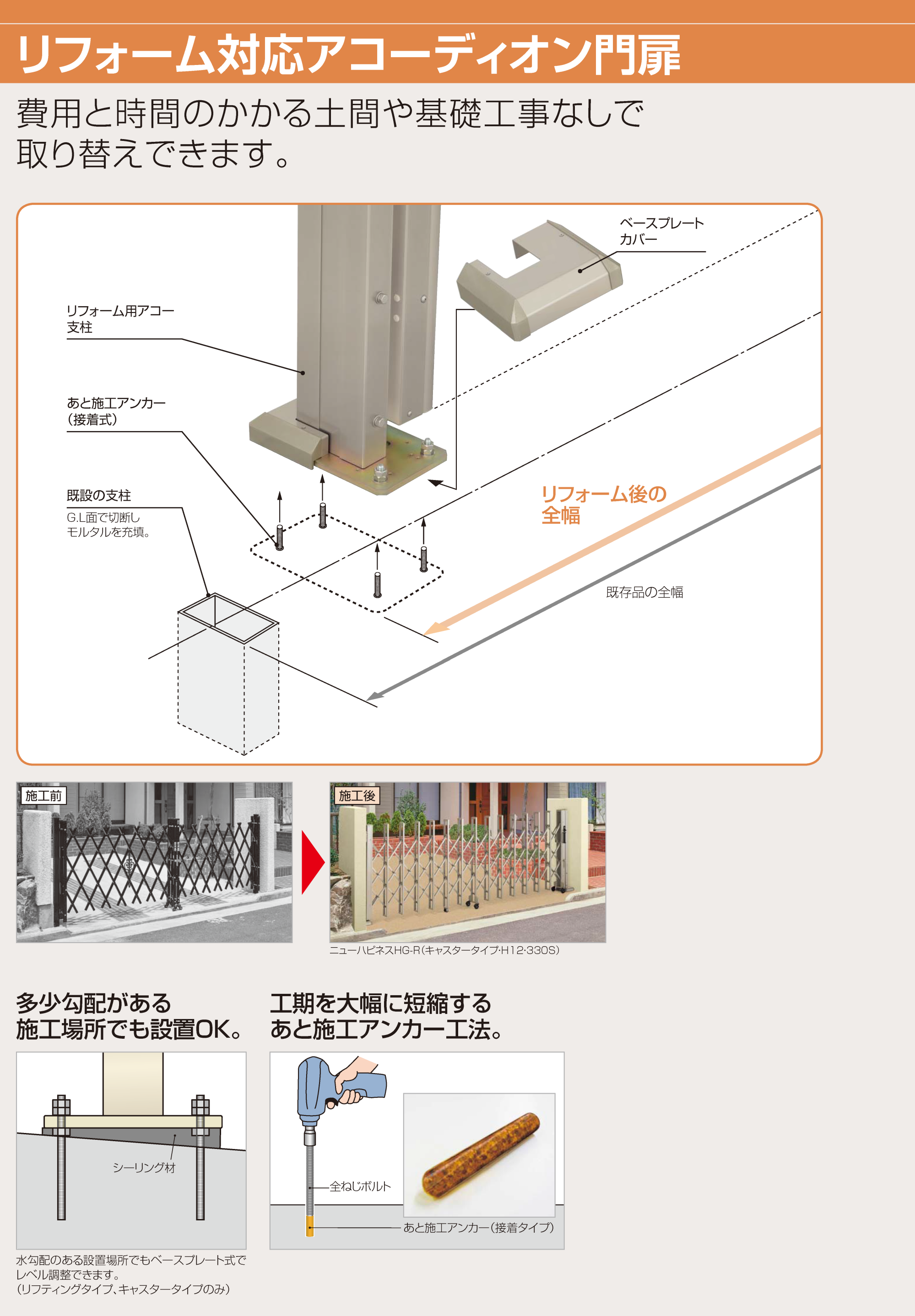 四国化成　ニューハピネスHG-R　アングルレール式　アルミタイプ　両開き H12-370W(レール幅200) リフォーム対応