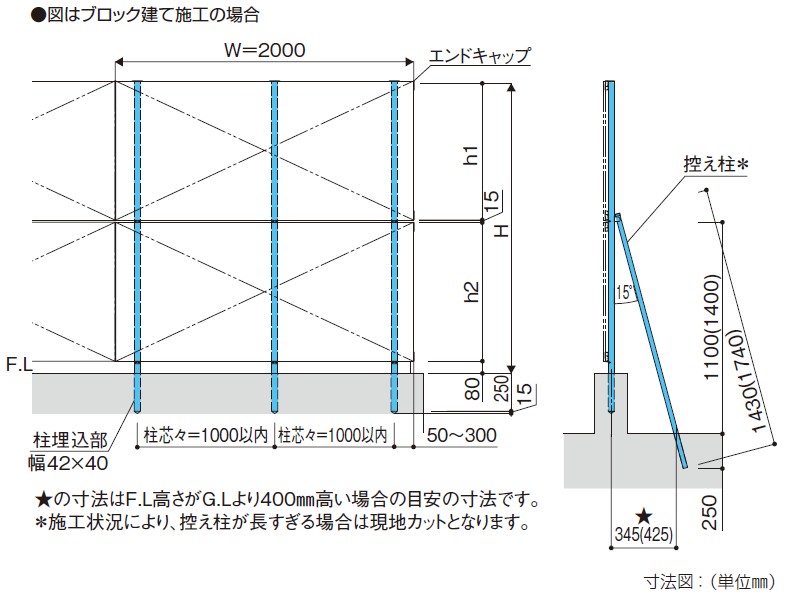 YKK AP | ルシアス フェンスH07型〈ブロック建て用〉2段支柱